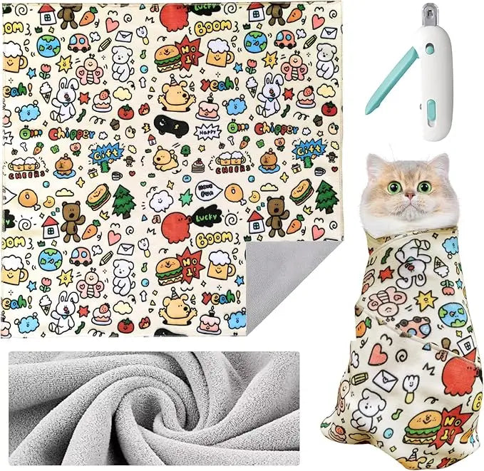 Soft Adjustable Cat Grooming Blanket – Anti-Scratch & Anti-Runaway (with Nail Clipper)