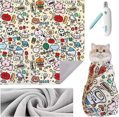 Soft Adjustable Cat Grooming Blanket – Anti-Scratch & Anti-Runaway (with Nail Clipper)