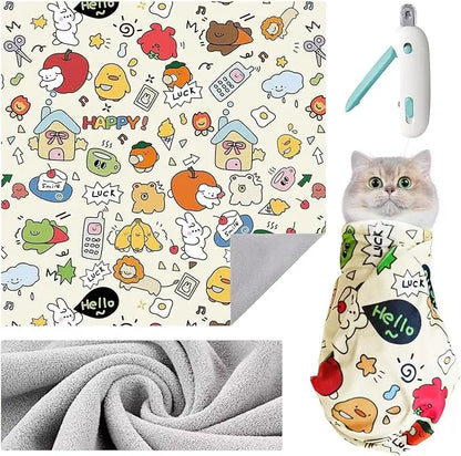 Soft Adjustable Cat Grooming Blanket – Anti-Scratch & Anti-Runaway (with Nail Clipper)